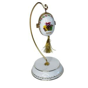 Vintage PHB Porcelain Christmas Egg Trinket Box 2001 Hinged Ornament with Stand